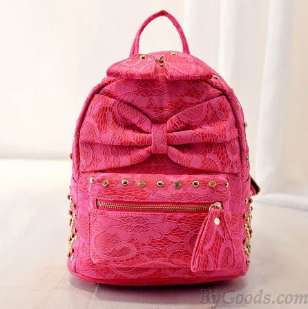 Lace Bowknot Rivet Backpack with Silk Accents