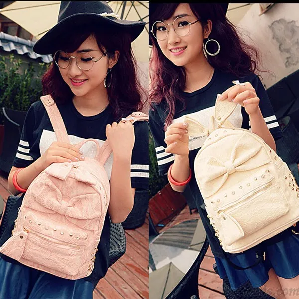 Lace Bowknot Rivet Backpack with Silk Accents