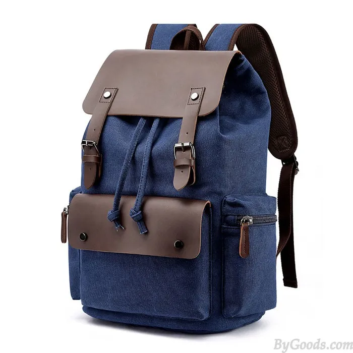 Large Canvas School Backpack with Double Buckle Leather Straps for Travel and Leisure