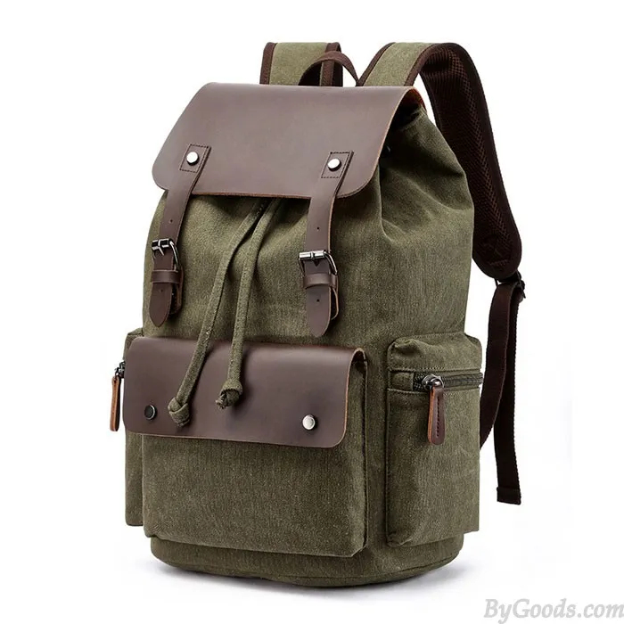 Large Canvas School Backpack with Double Buckle Leather Straps for Travel and Leisure