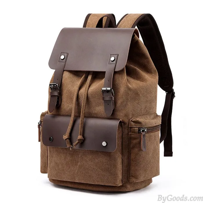 Large Canvas School Backpack with Double Buckle Leather Straps for Travel and Leisure