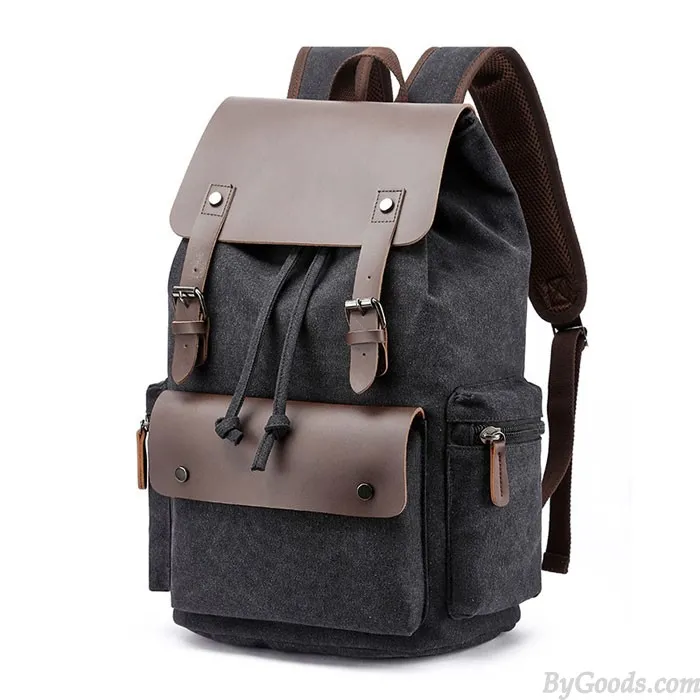 Large Canvas School Backpack with Double Buckle Leather Straps for Travel and Leisure