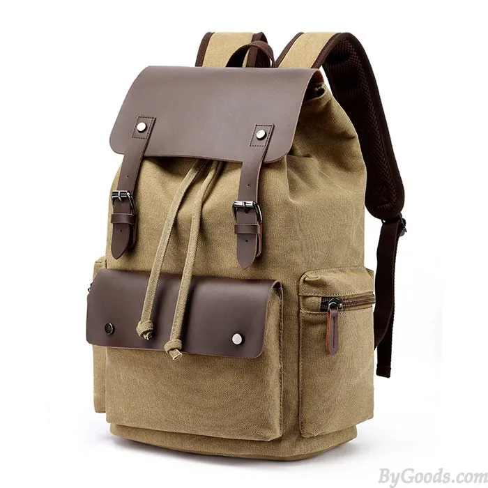 Large Canvas School Backpack with Double Buckle Leather Straps for Travel and Leisure