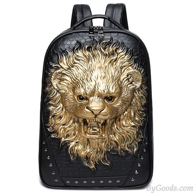 Large Lion Backpack, 3D Animal Rivets Travel Bag for Men