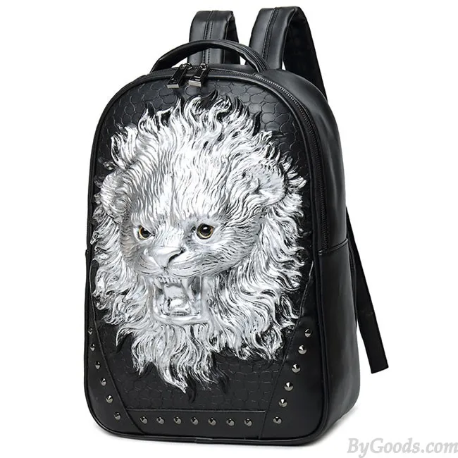 Large Lion Backpack, 3D Animal Rivets Travel Bag for Men