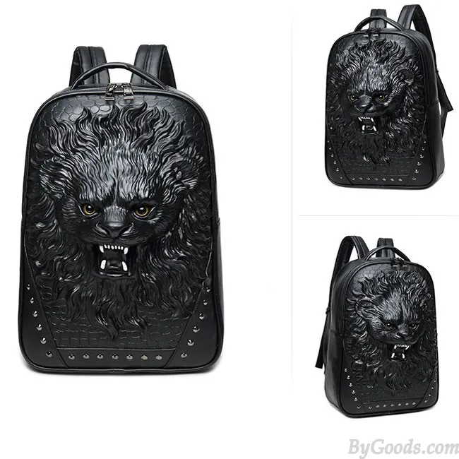 Large Lion Backpack, 3D Animal Rivets Travel Bag for Men