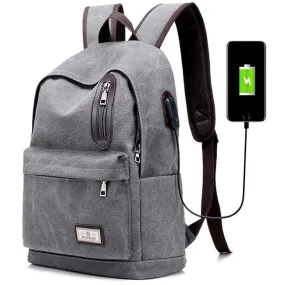 Large School Bag with USB Interface, Canvas Backpack for Students - Cool Pure Washing Color, Zipper Decor