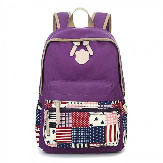 Leisure Flag Patchwork School Canvas Backpacks:  Trendy Leisure Style Flag Patch School Bags