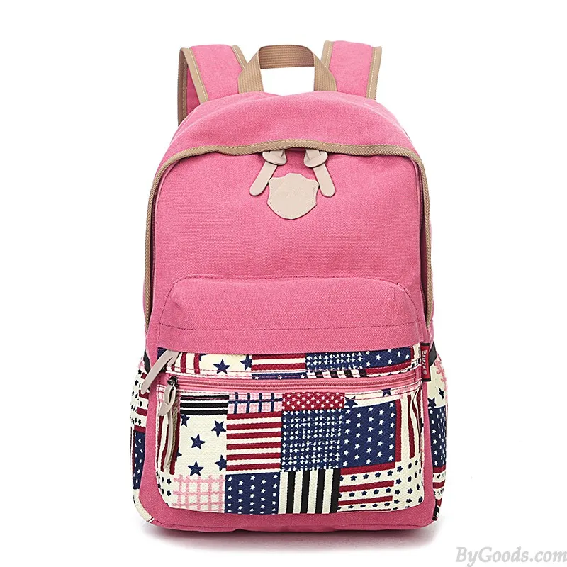 Leisure Flag Patchwork School Canvas Backpacks:  Trendy Leisure Style Flag Patch School Bags