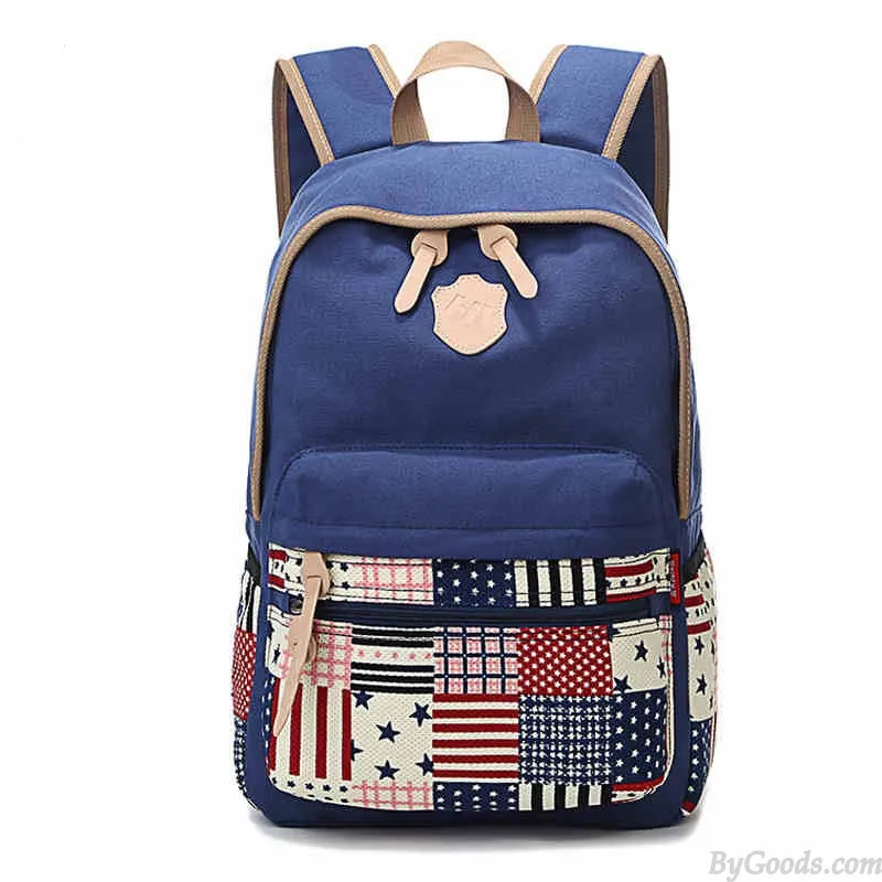 Leisure Flag Patchwork School Canvas Backpacks:  Trendy Leisure Style Flag Patch School Bags