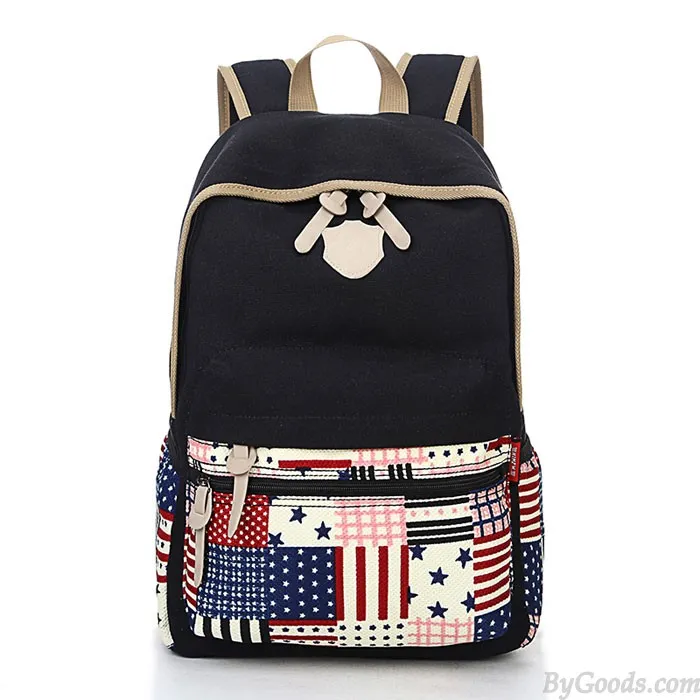 Leisure Flag Patchwork School Canvas Backpacks:  Trendy Leisure Style Flag Patch School Bags