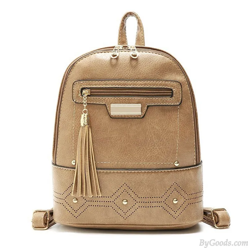 Leisure Tassel School Bag for Women's Backpacks with Rivet Design and PU Leather Material