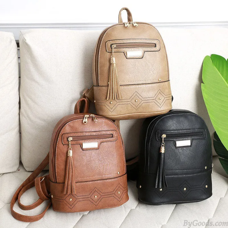 Leisure Tassel School Bag for Women's Backpacks with Rivet Design and PU Leather Material