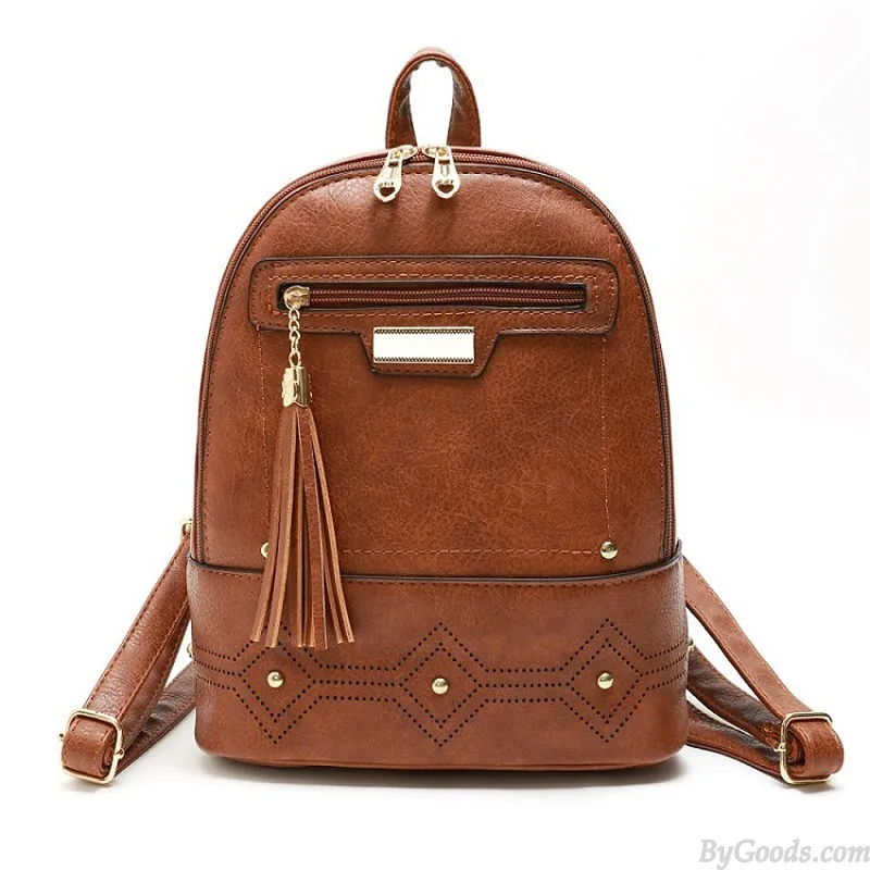 Leisure Tassel School Bag for Women's Backpacks with Rivet Design and PU Leather Material