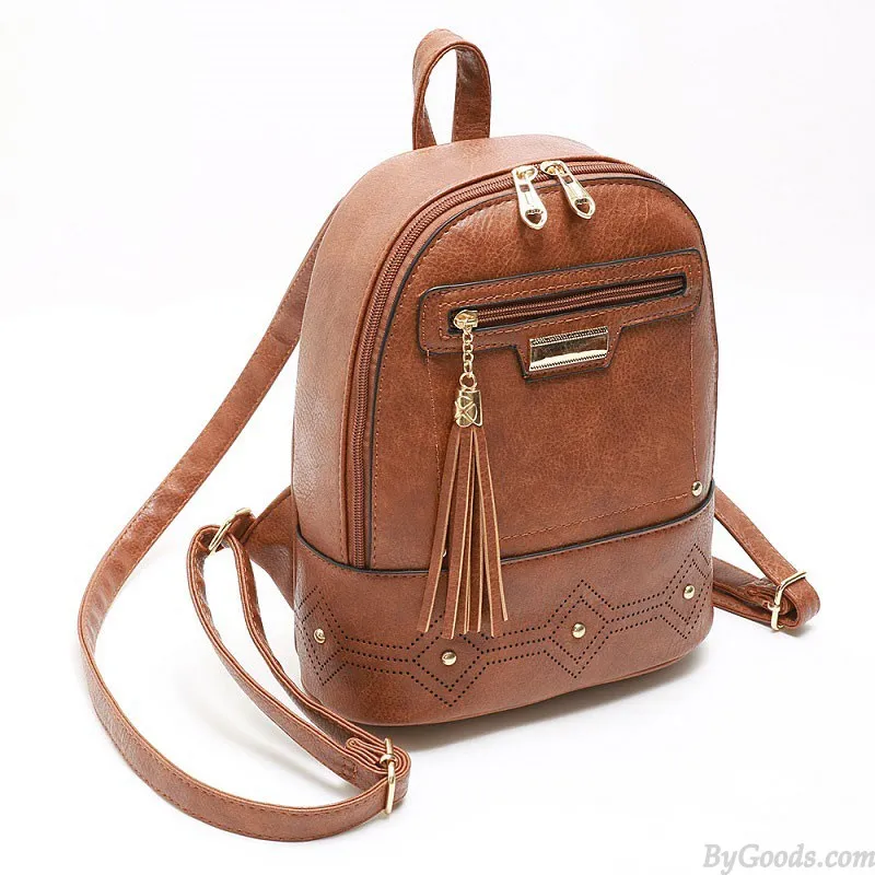 Leisure Tassel School Bag for Women's Backpacks with Rivet Design and PU Leather Material