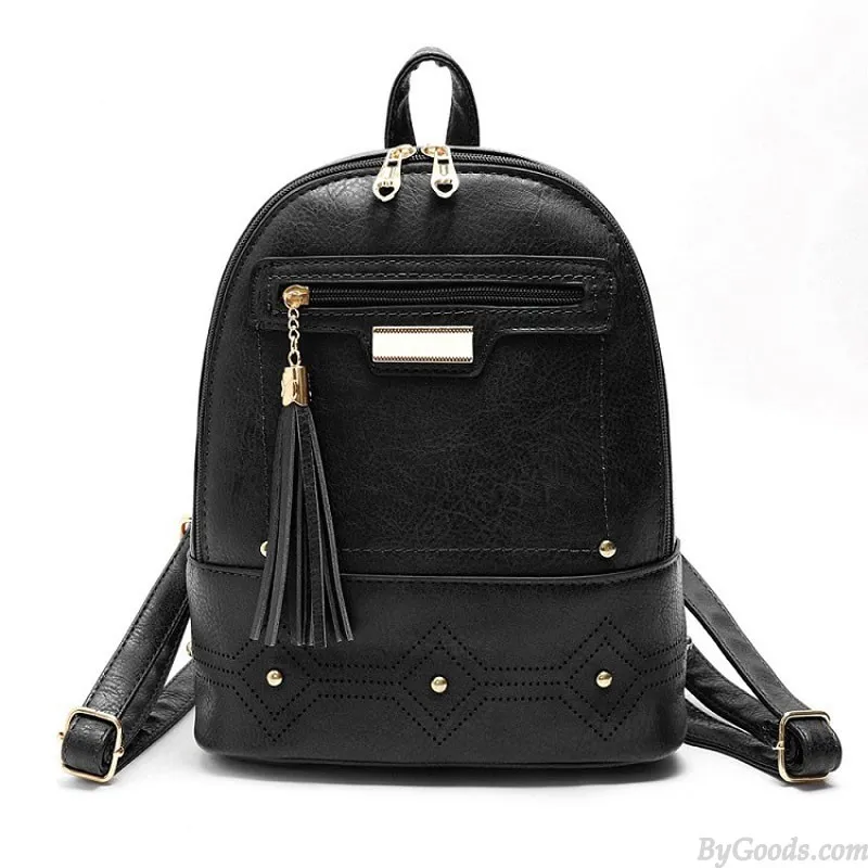 Leisure Tassel School Bag for Women's Backpacks with Rivet Design and PU Leather Material