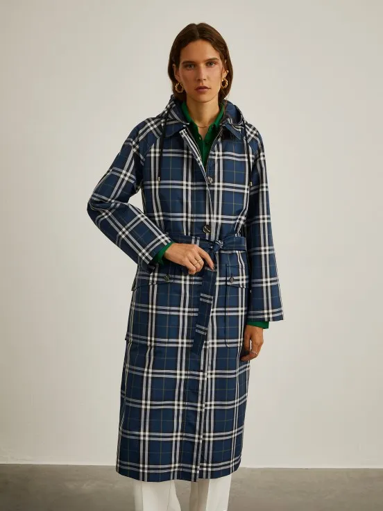 Long coat with check pattern and hood