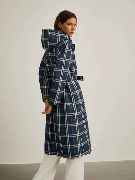 Long coat with check pattern and hood