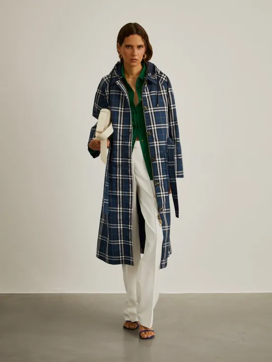 Long coat with check pattern and hood