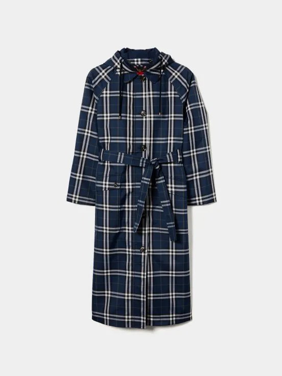 Long coat with check pattern and hood