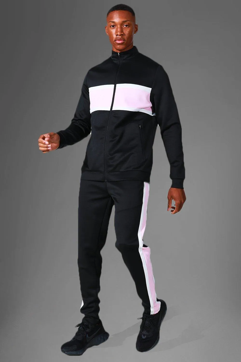 Man Active Colour Block Funnel Neck Tracksuit