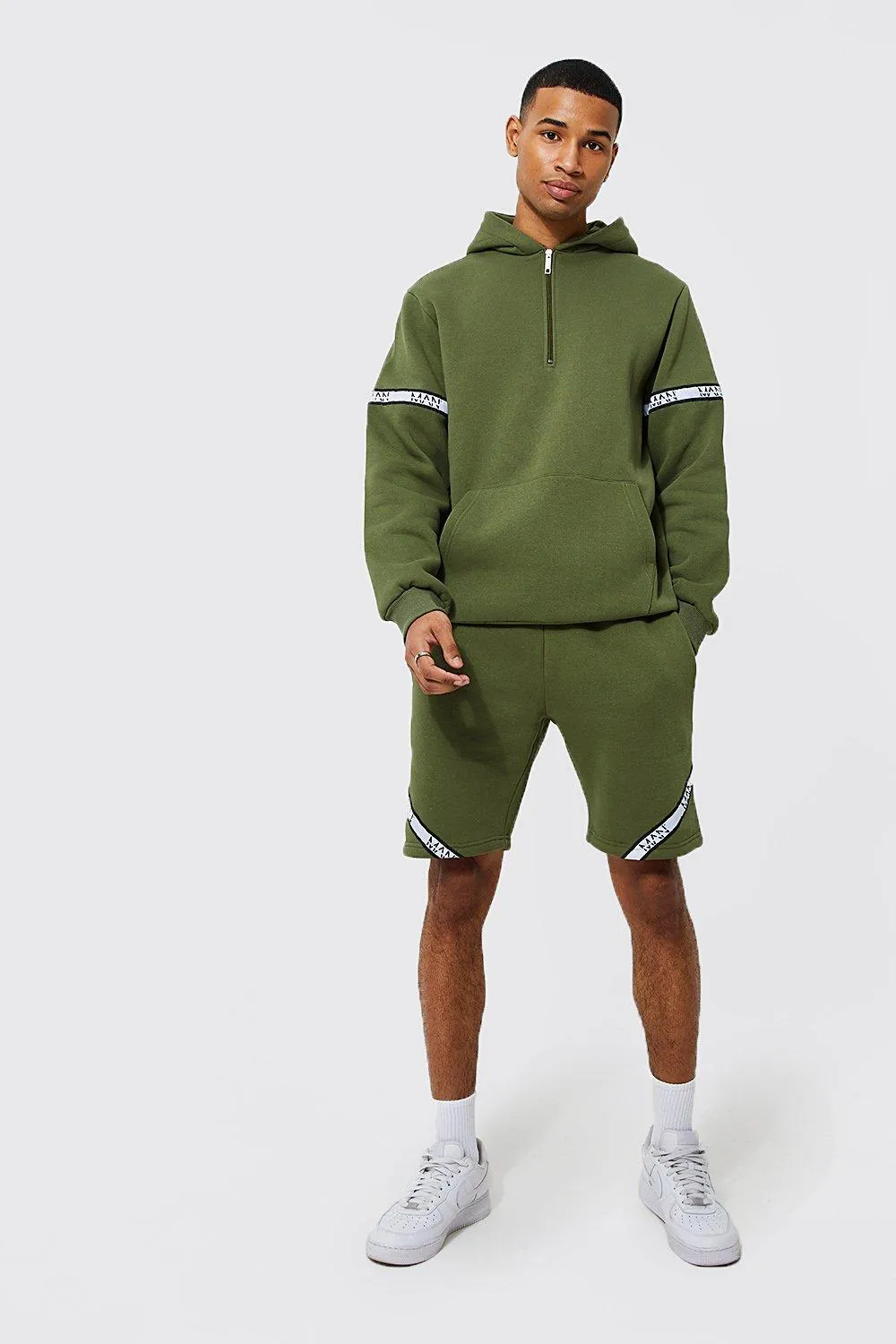 Man Half Zip Hooded Tape Short Tracksuit