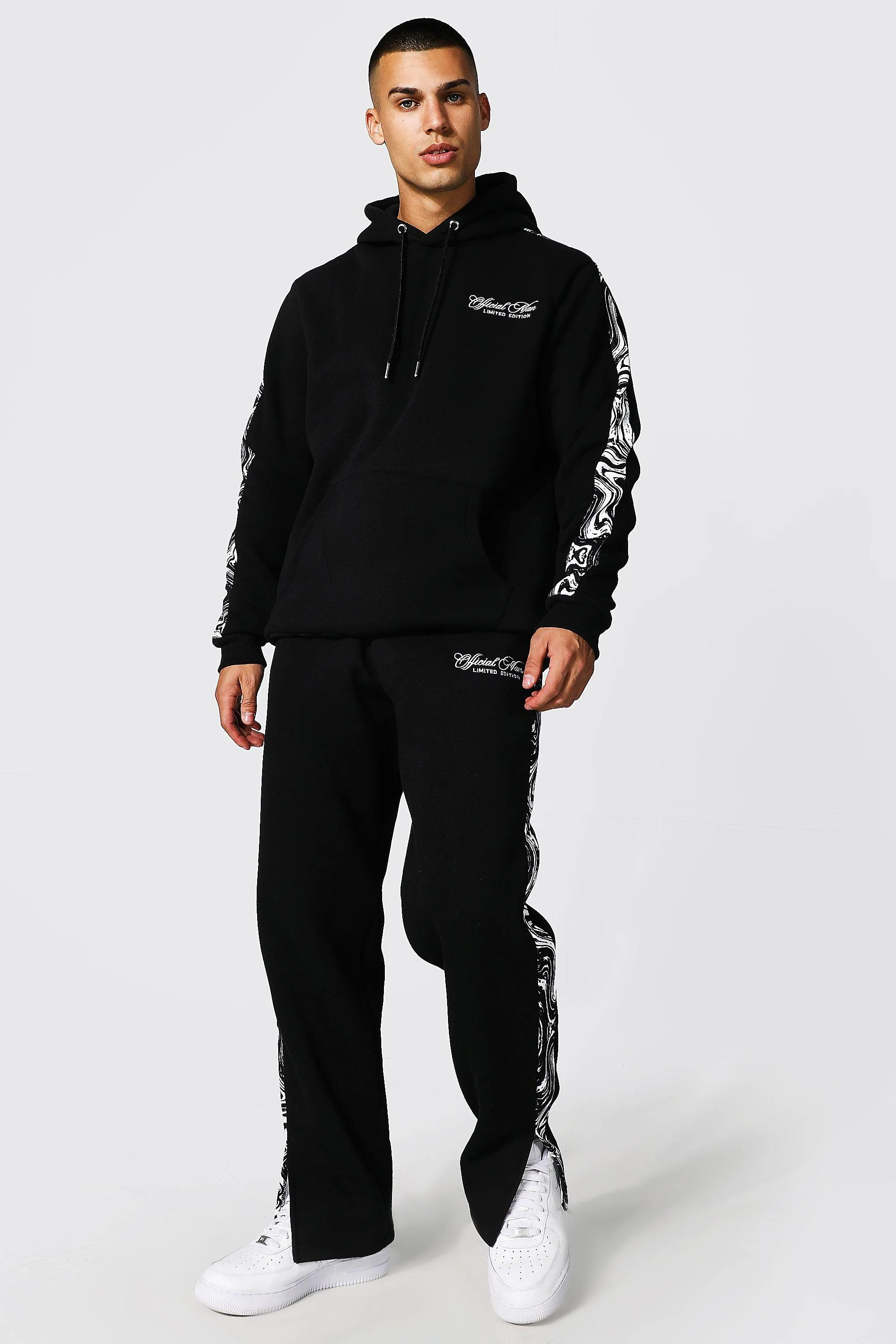 Man Marble Panel Split Hem Hooded Tracksuit