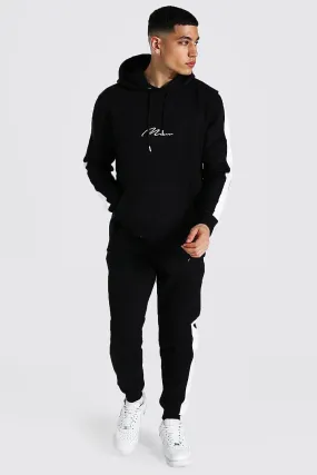 Man Signature Contrast Panel Tracksuit | boohooMAN UK