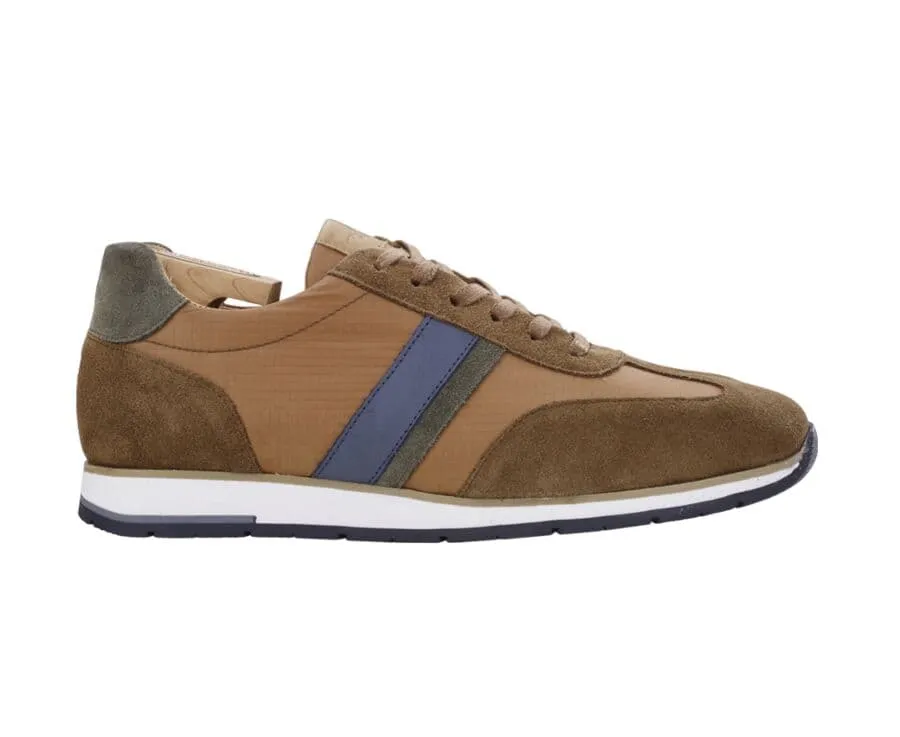 MELINGA Men's Trainers in Cognac Suede and Green