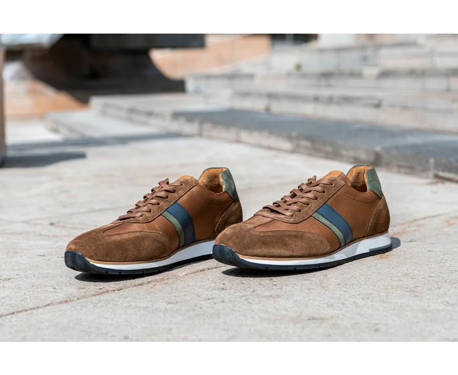 MELINGA Men's Trainers in Cognac Suede and Green