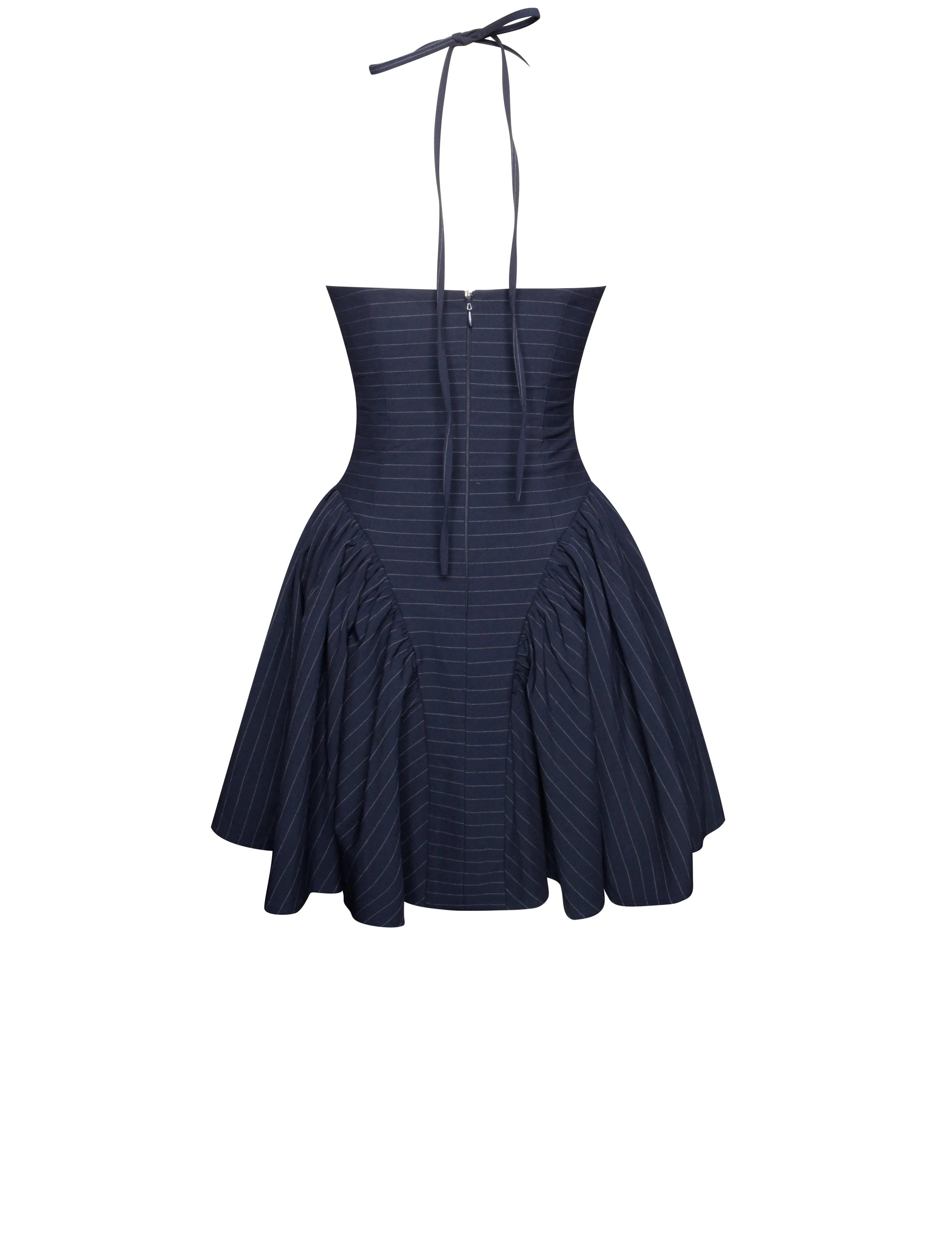 Melody Navy Blue Pinstripe Halter Drop Waist Mini Dress