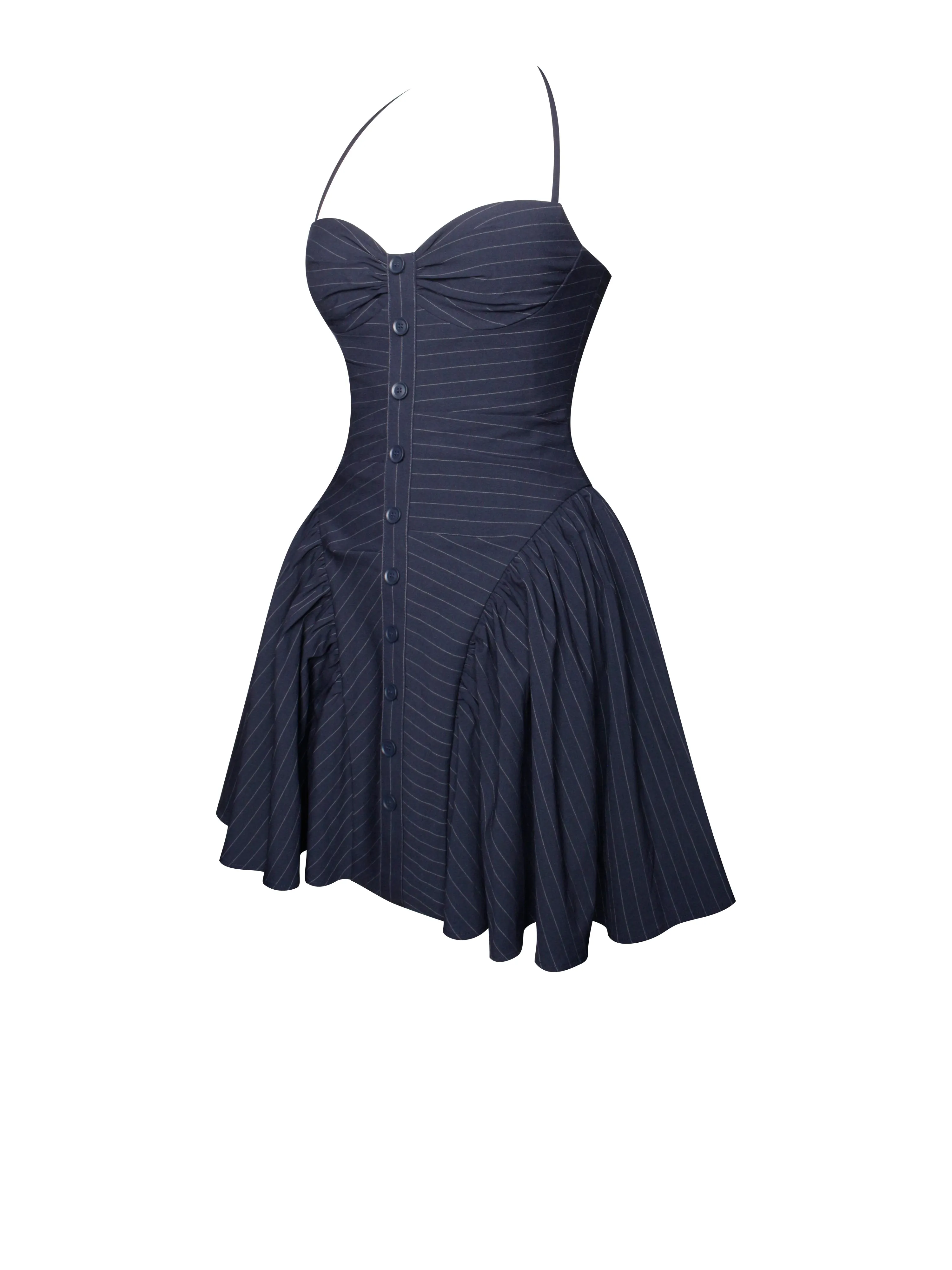 Melody Navy Blue Pinstripe Halter Drop Waist Mini Dress