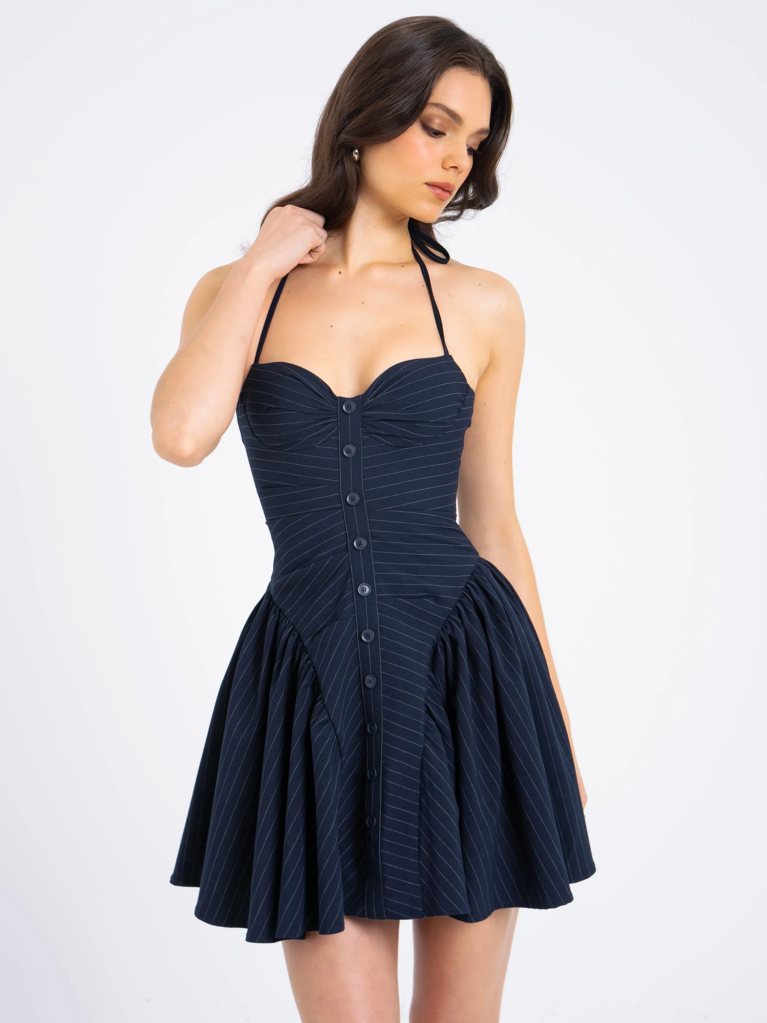 Melody Navy Blue Pinstripe Halter Drop Waist Mini Dress