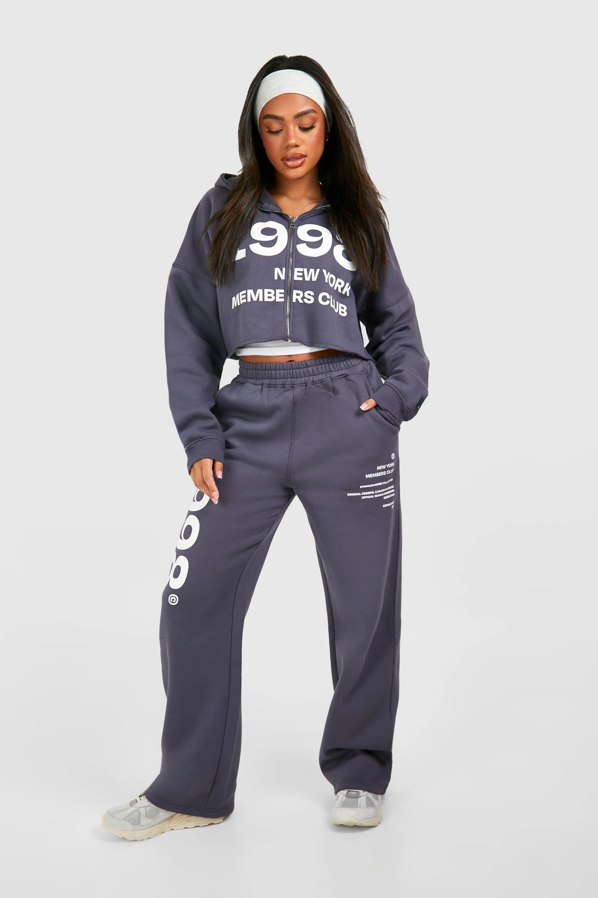 Members Club Slogan Cropped Zip Through Hooded Tracksuit