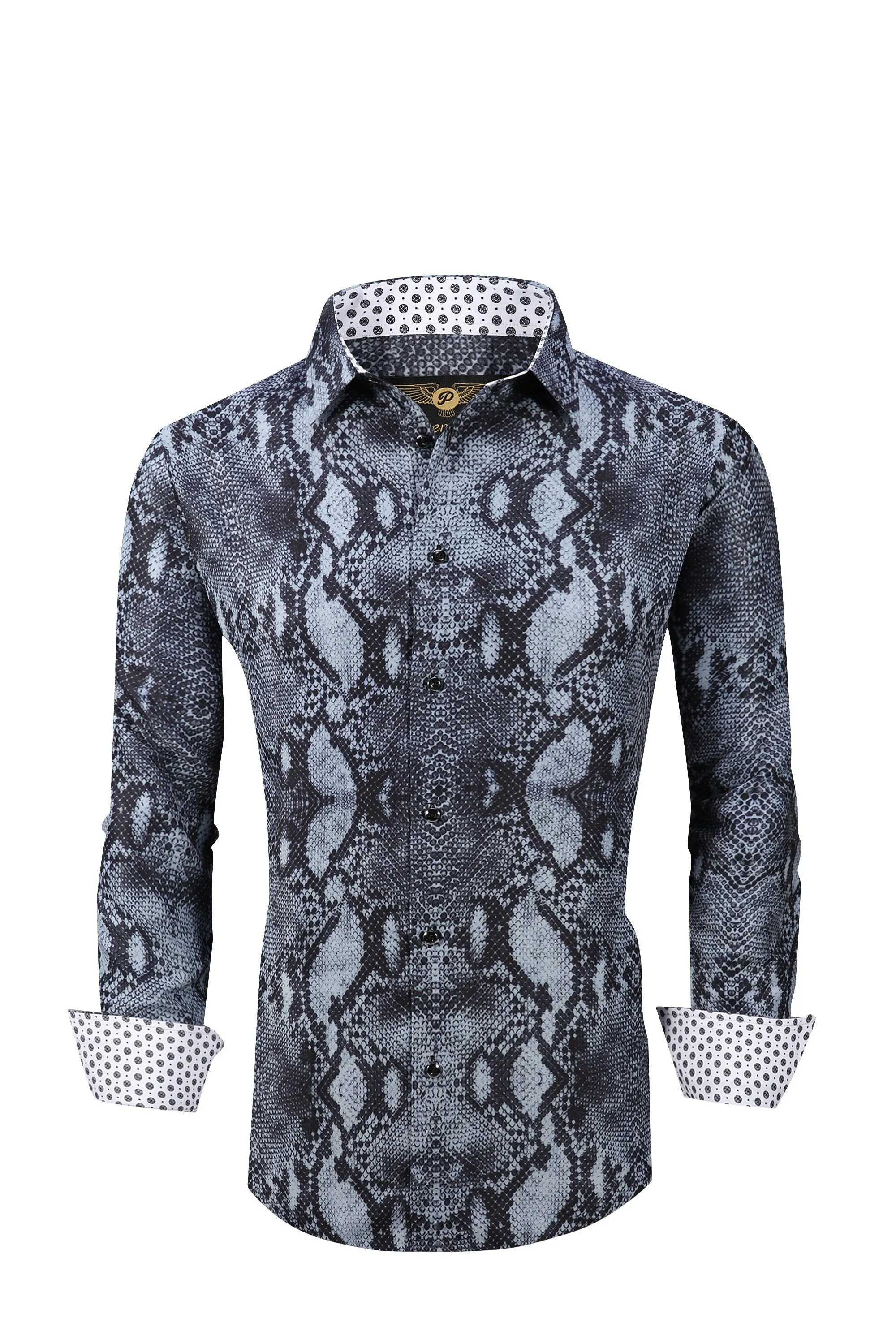 Men PREMIERE Long Sleeve Button Down Dress Shirt Black Snake Skin Print