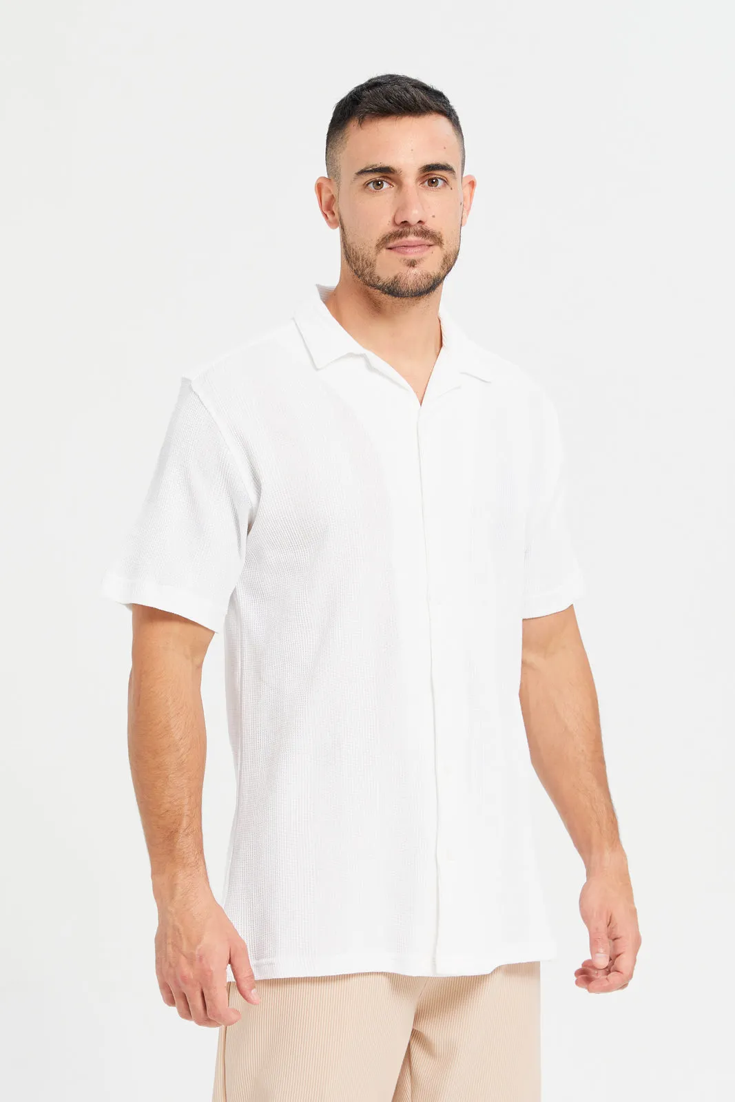 Men White Collared Knit Shirt