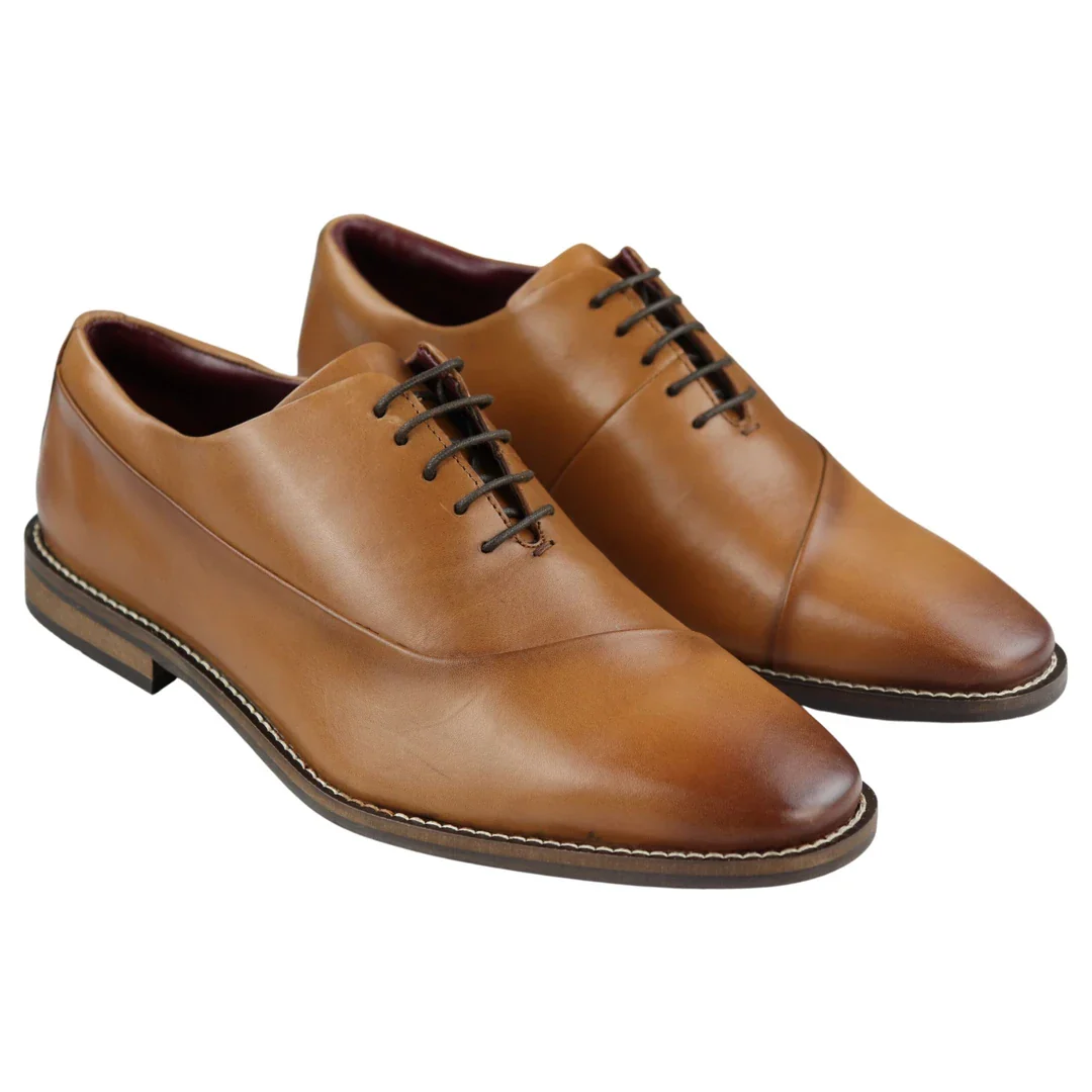 Mens Laced Real Leather Derby Shoes Smart Formal Classic Tan Brown