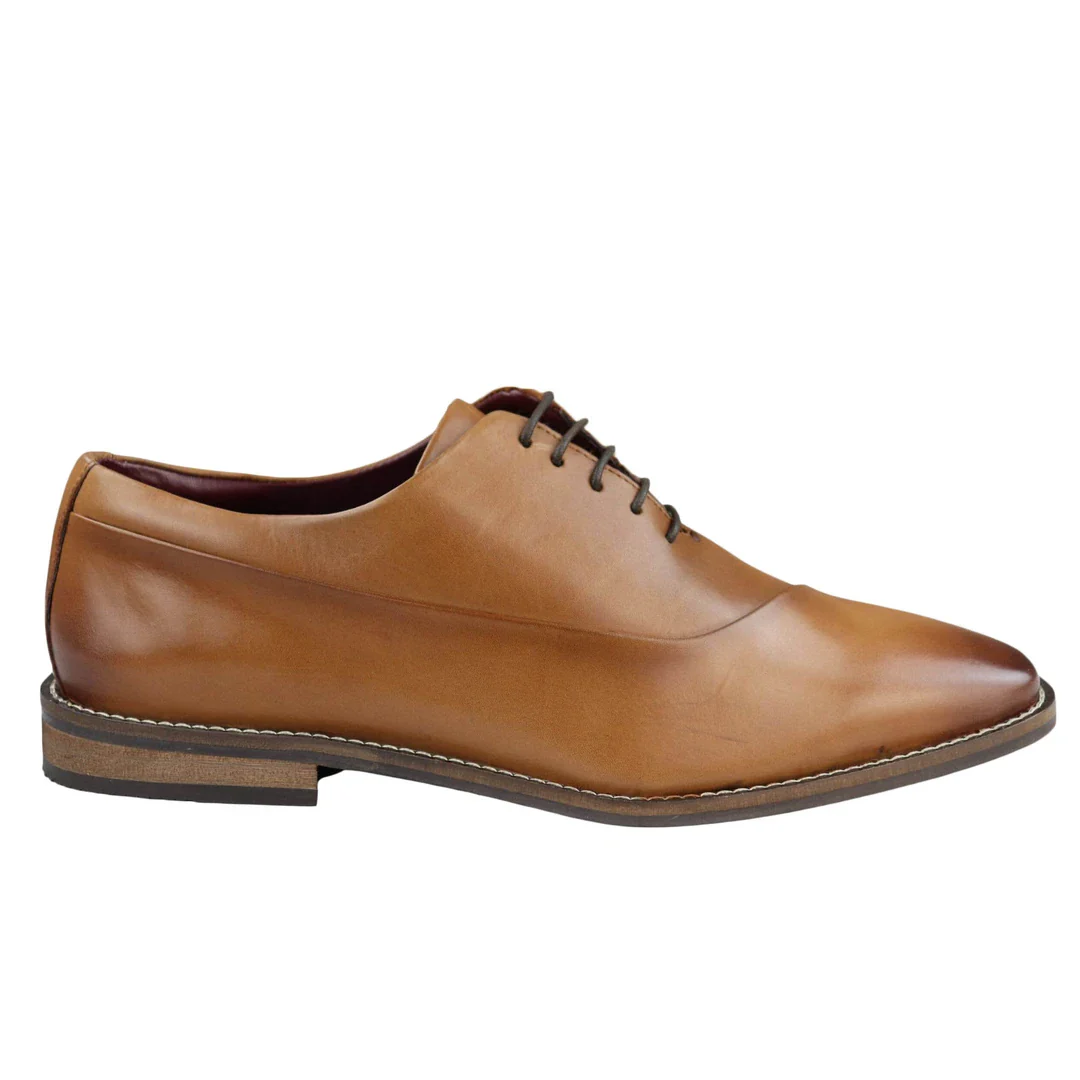 Mens Laced Real Leather Derby Shoes Smart Formal Classic Tan Brown