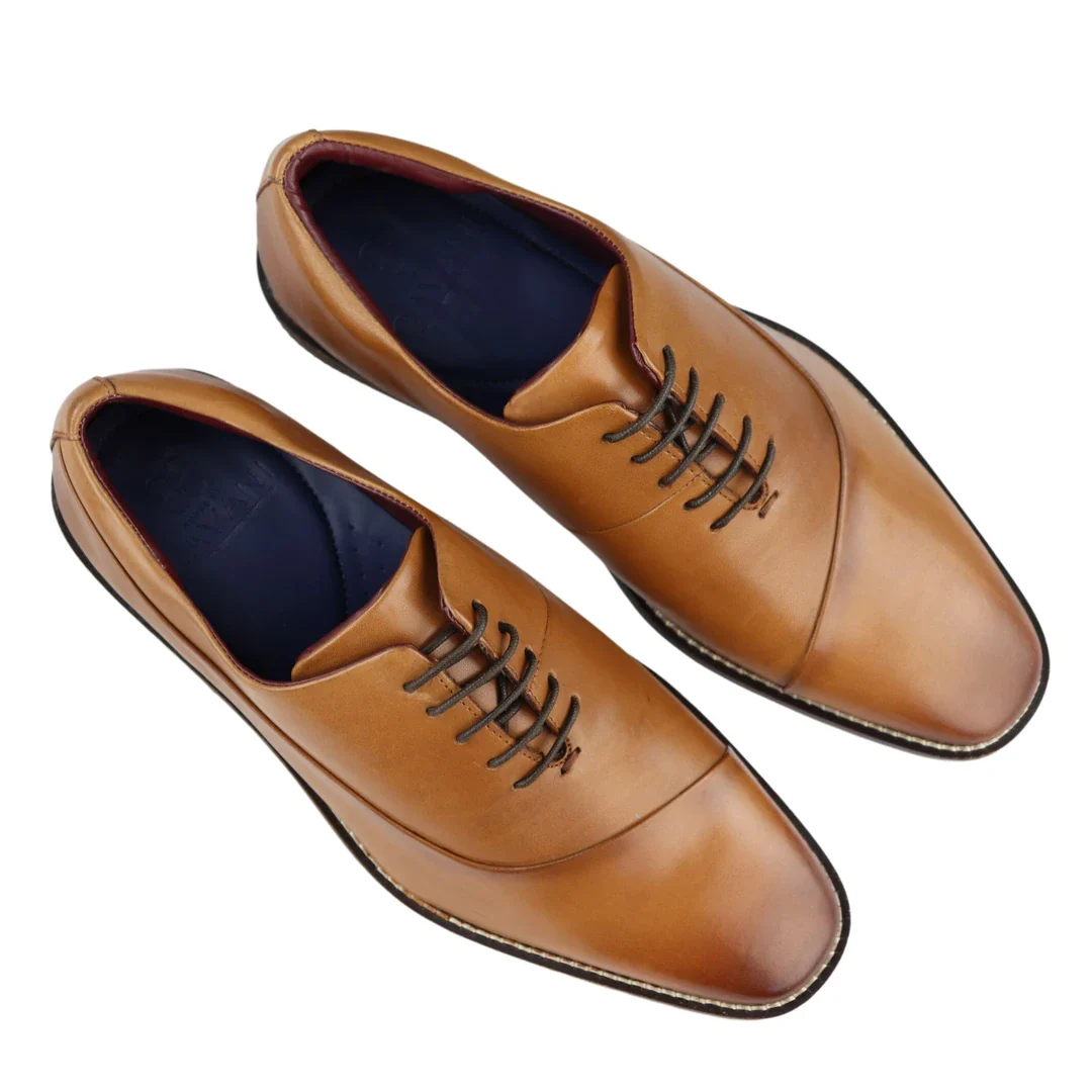 Mens Laced Real Leather Derby Shoes Smart Formal Classic Tan Brown