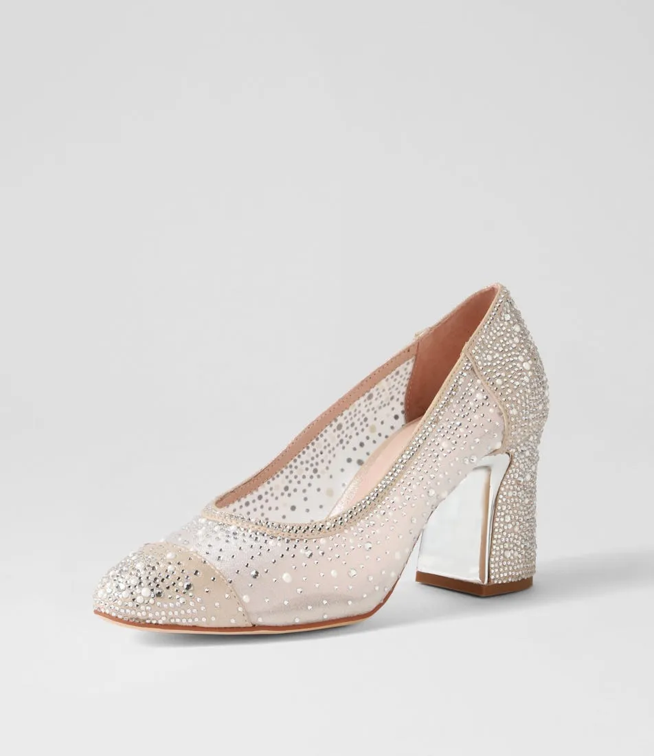 MIDAS Kennies Nude Off White Shimmer Leather Mesh Heels