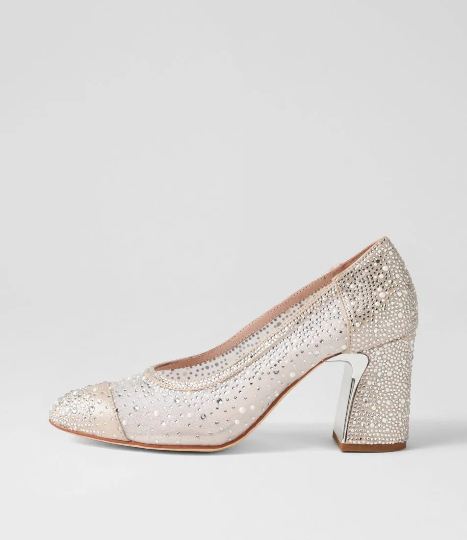 MIDAS Kennies Nude Off White Shimmer Leather Mesh Heels