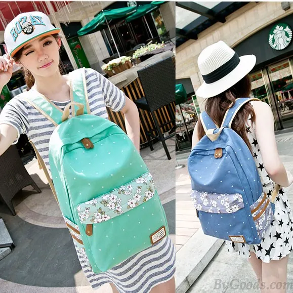 Mint Green Polka Dot Canvas School Backpacks