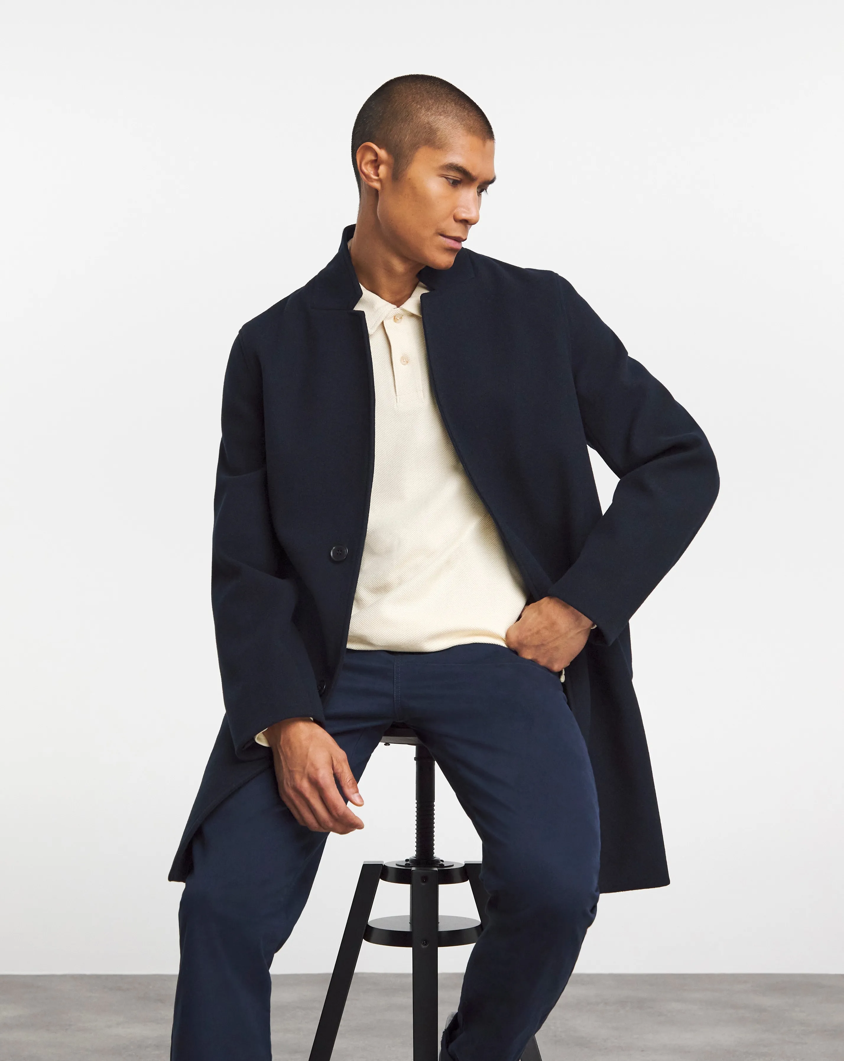 Navy Faux Wool Turn Up Collar Coat