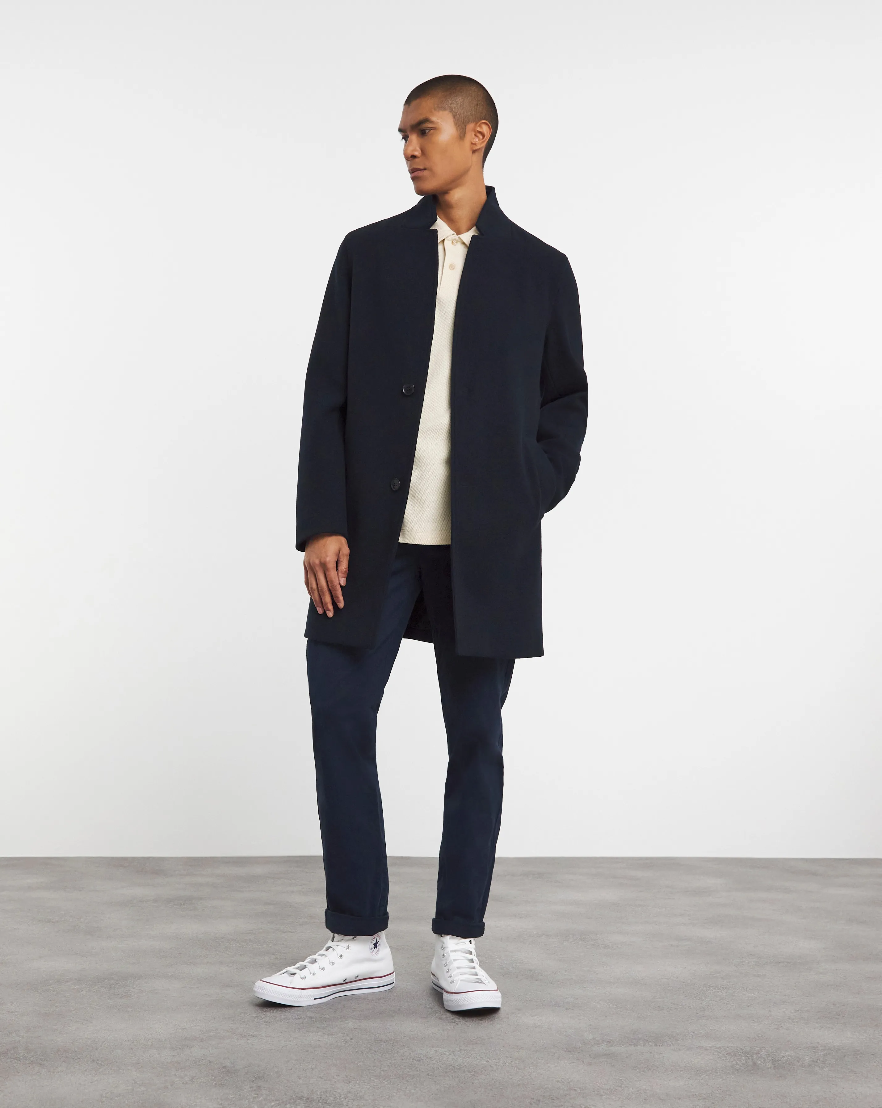 Navy Faux Wool Turn Up Collar Coat