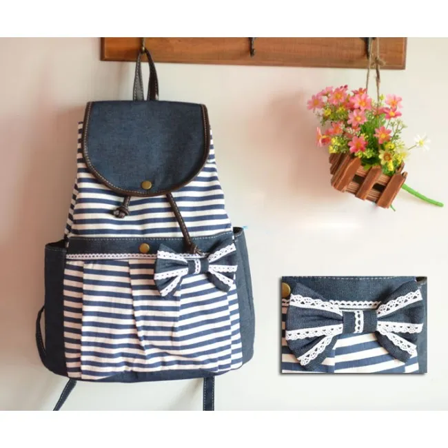 Navy Striped Bow Fashion College Backpacks