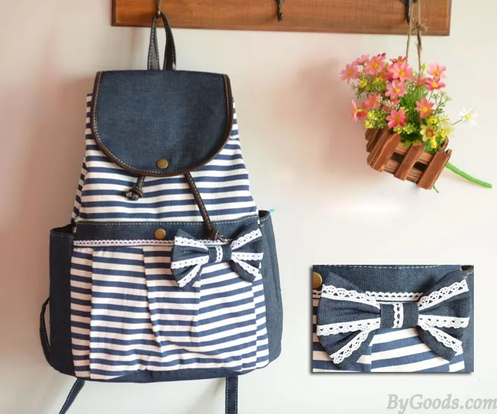 Navy Striped Bow Fashion College Backpacks