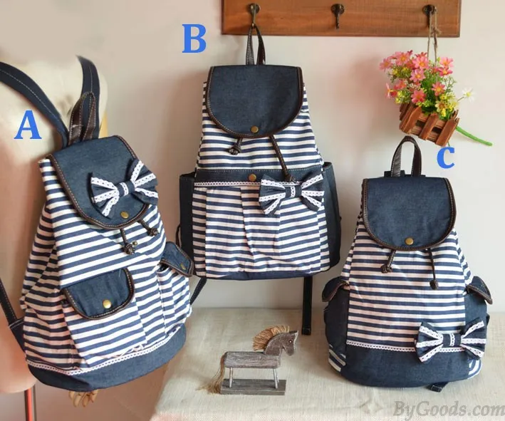 Navy Striped Bow Fashion College Backpacks