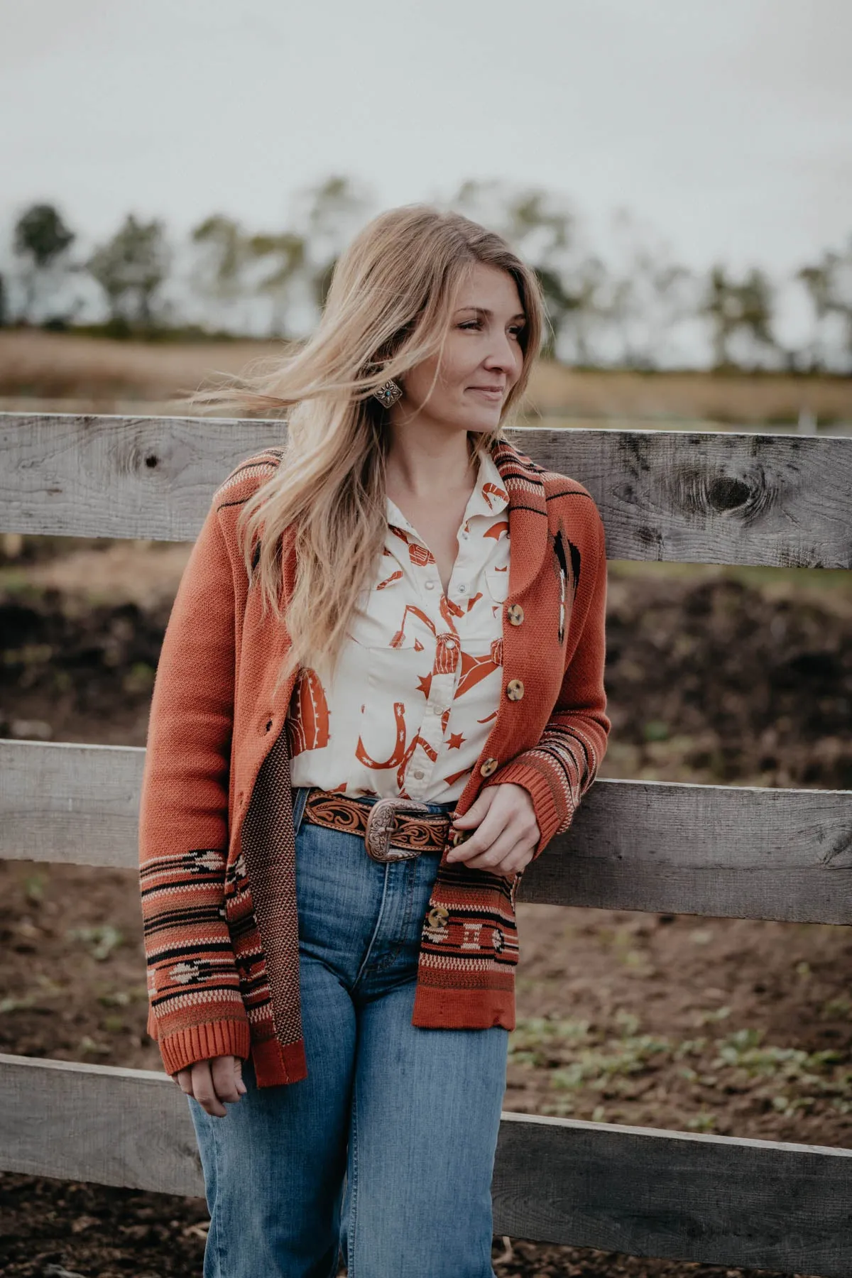 'Nola' Ivory & Rust Retro Print Pearl Snap Shirt (M & L ONLY)