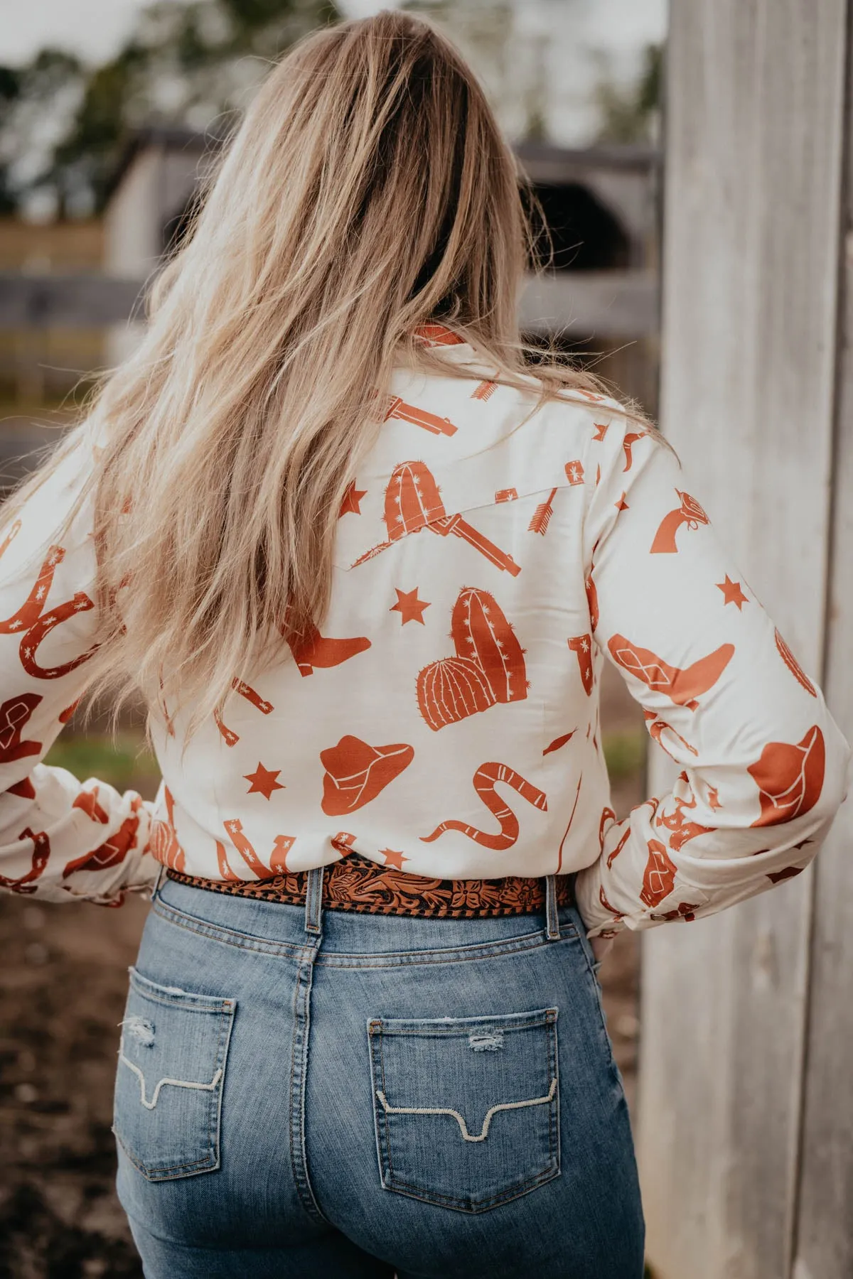 'Nola' Ivory & Rust Retro Print Pearl Snap Shirt (M & L ONLY)