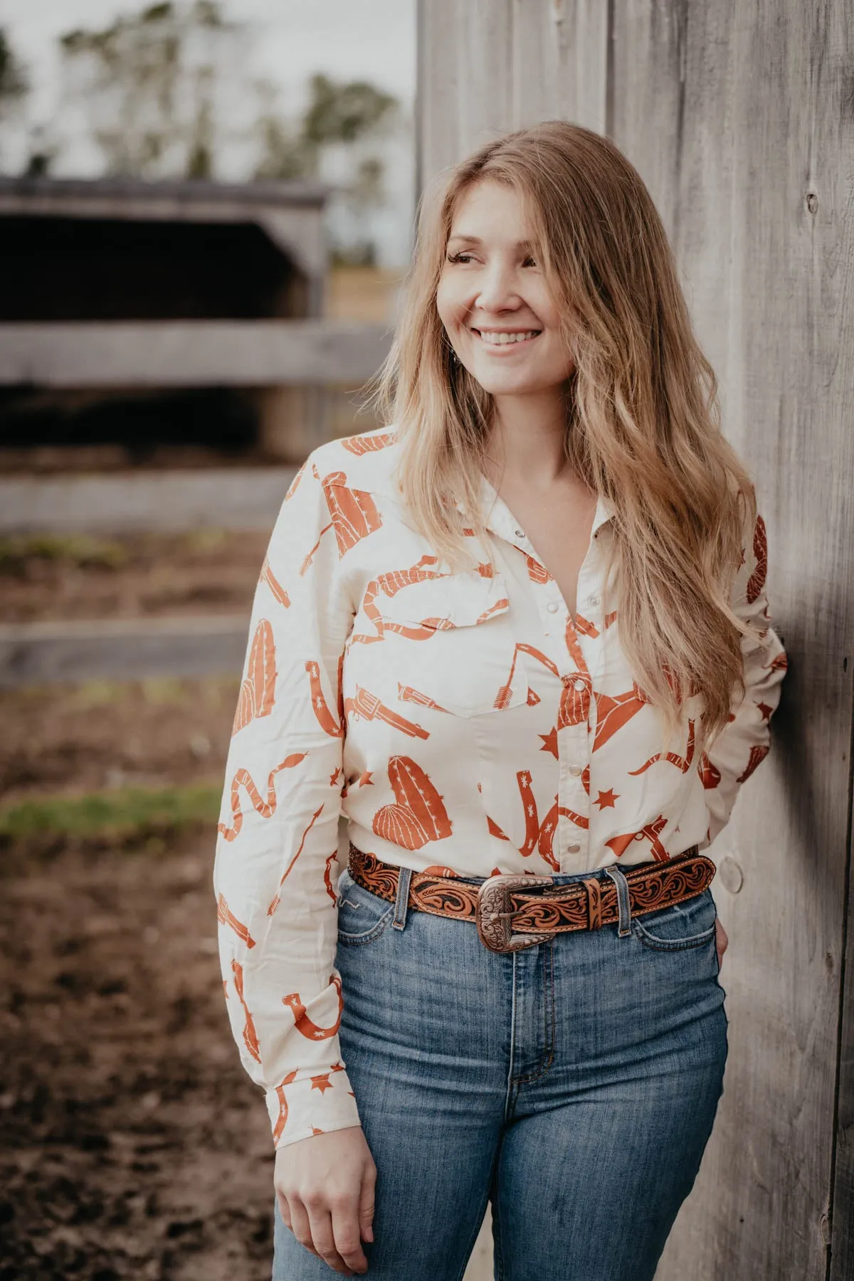 'Nola' Ivory & Rust Retro Print Pearl Snap Shirt (M & L ONLY)